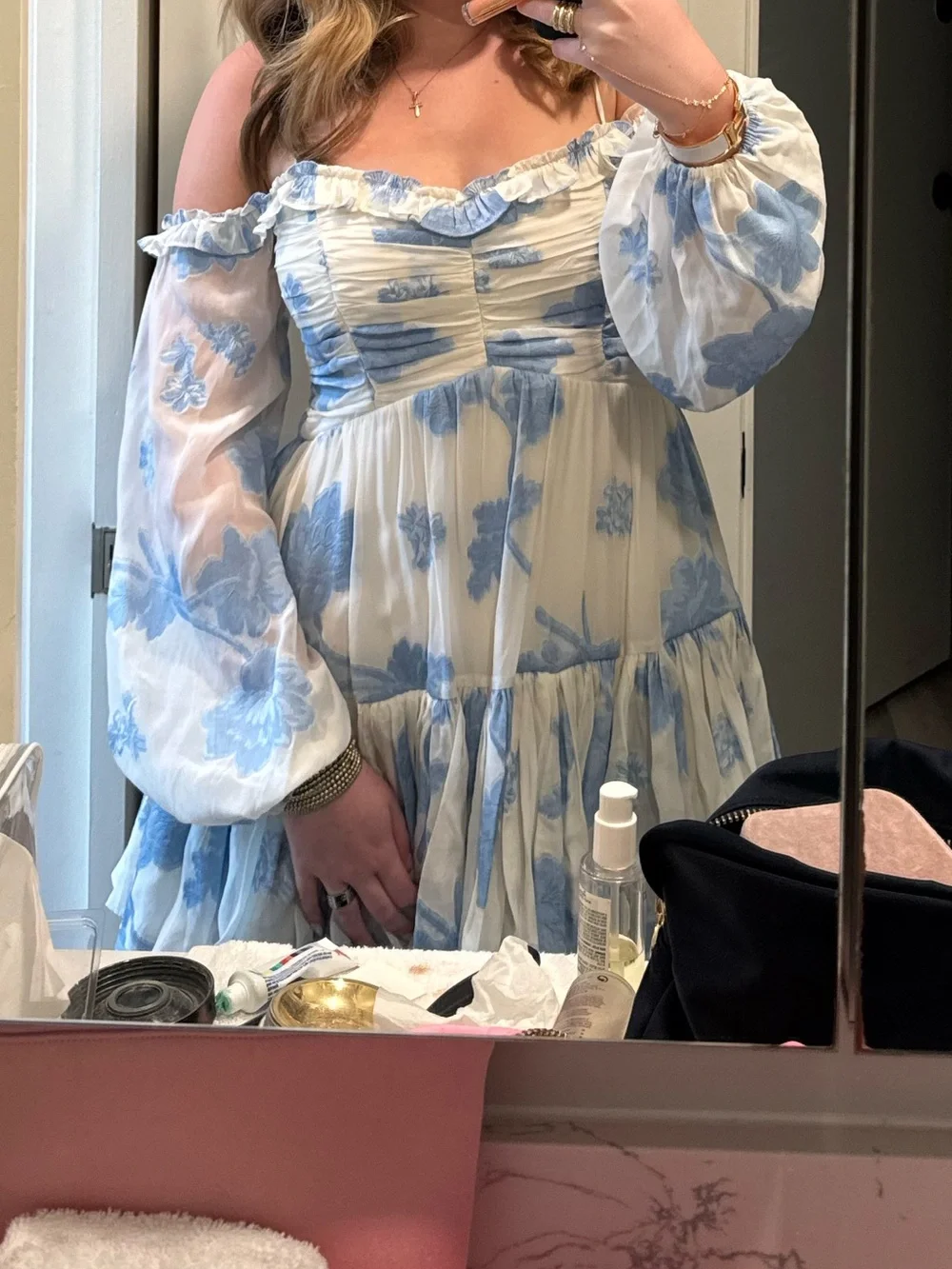 LoveShackFancy Blue and White Floral Off-Shoulder Mini Dress - Picture 5 of 5